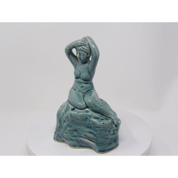Antique Art Nouveau Yankoware Risque Nude Naked Lady  Flower Frog Turquoise Cele - Picture 2 of 10